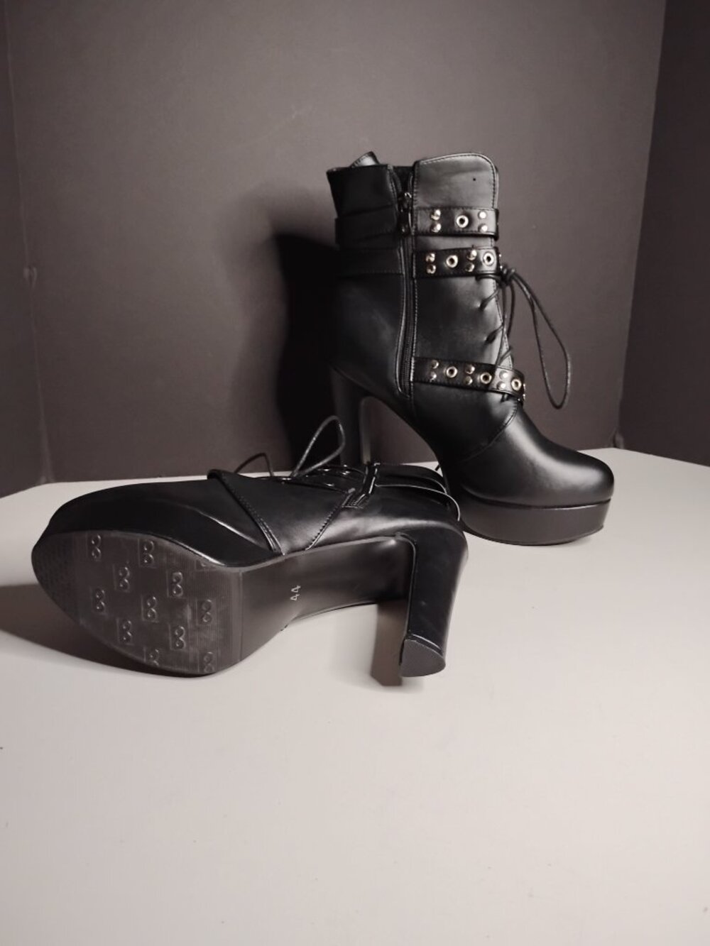 Women Studded Belt Buckle Chunky High Heel Ankle Combat Boots Faux Leather Sz44 - Picture 6 of 12